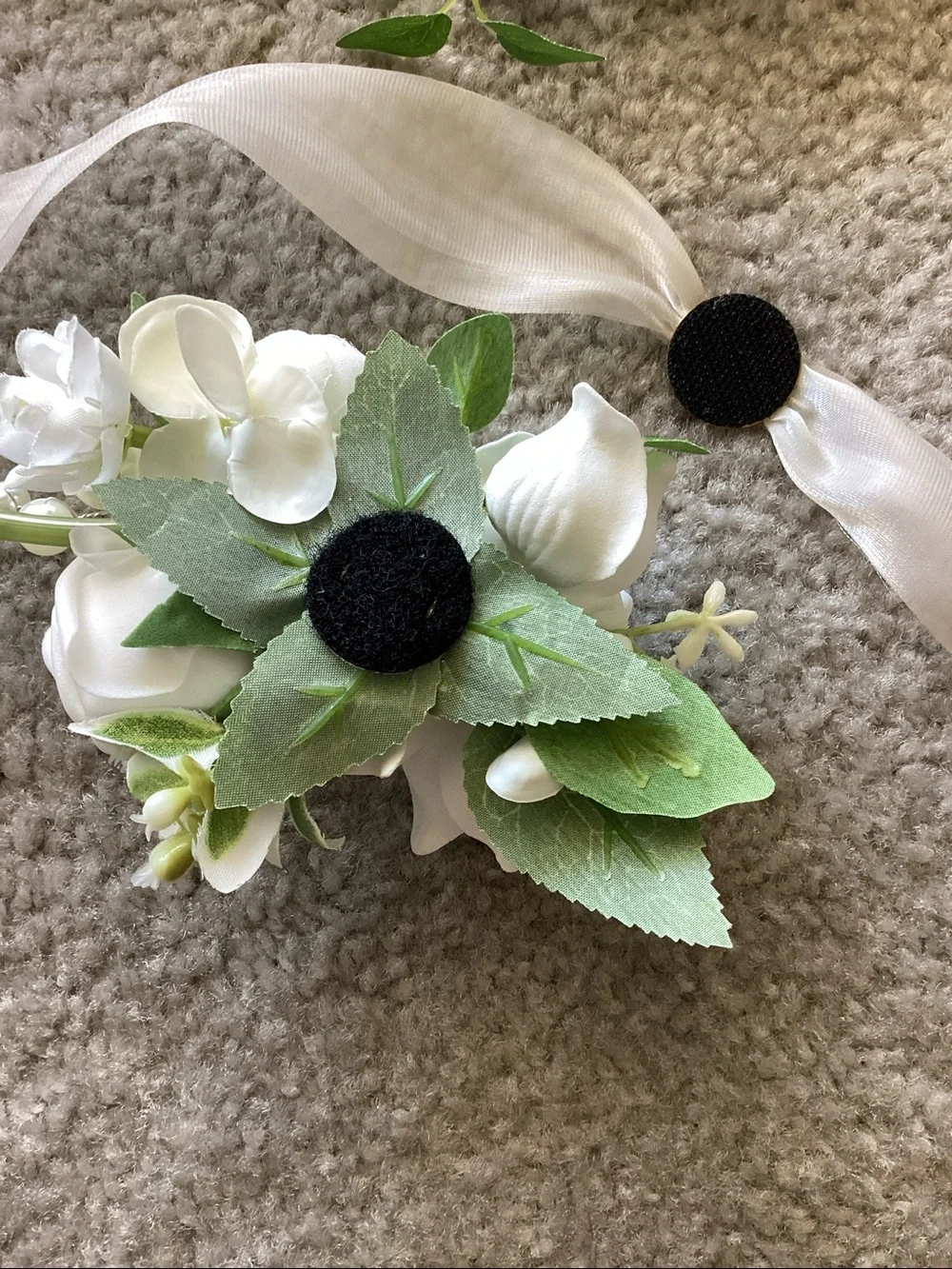 White Floral Wrist Corsage with Ribbon Tie - 2 corsages are new and 1 was used.